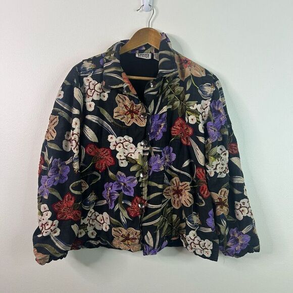 Vintage Chico’s Black Asian Floral Beaded Embroidered Silk Jacket Women's Size 2 - Picture 1 of 11